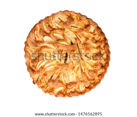 Whole homemade apple pie close-up isolated on white background. Top view