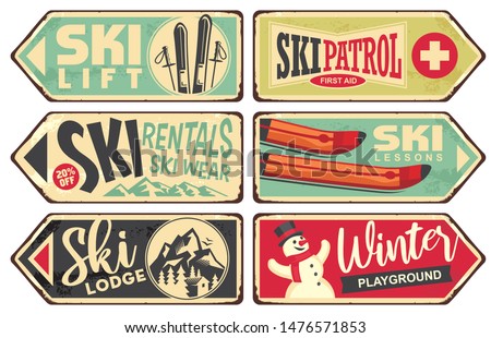 Ski and winter holiday retro signs collection. Vintage vector illustration with winter vacation and snow sports theme. Ski rentals and ski wear signs.