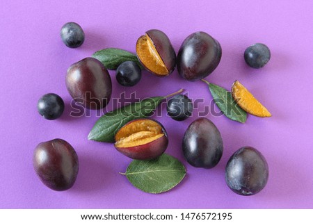 Ripe plums with green leaves on a purple background