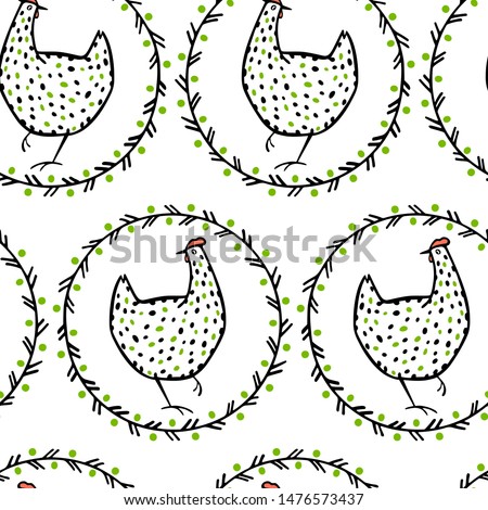 Vector seamless pattern with hand drawn speckled hens in vintage frames. Beautiful ink drawing. Perfect elements for food or farming design.