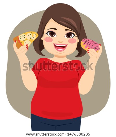 Young happy obese woman enjoying eating pizza slice and doughnut