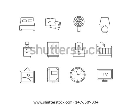 Bedroom, sleeping related line icons set with double bed, pillows, fan, night lamp, bedside table, baby crib, wall picture, book, clock, tv. 