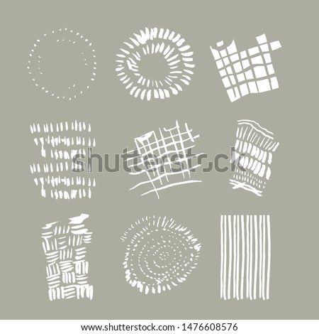 A lovely collection of freehand natural design illustration elements inspired by Autumn atmosphere, the Fall, cozy Indian Summer. Tree rings, straw, flock of birds, fields, furrows, dim low sunlight