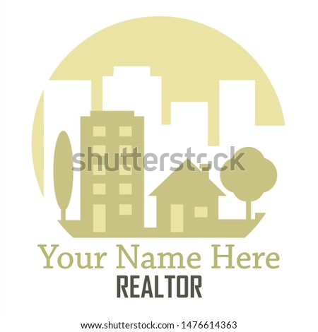 Condominium & house with trees on a street with a city skyline reversed out of a circle behind it with an area for name & the word realtor
