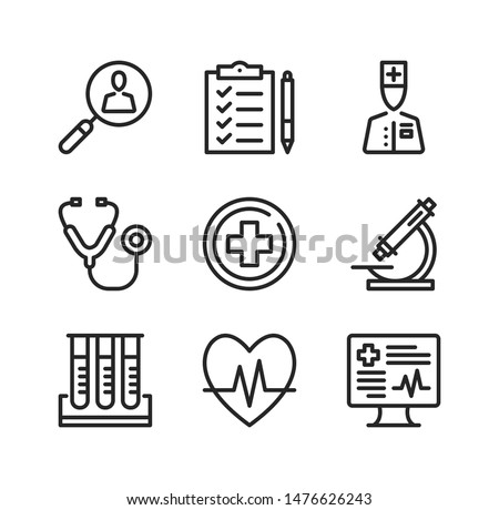 Medical exam line icons. Health checkup, medical examination, check up, screening concepts. Simple outline symbols, modern linear graphic elements collection. Vector line icons set Royalty-Free Stock Photo #1476626243