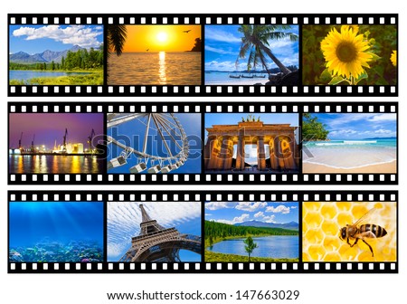 Travel photos or pictures film strip isolated on white