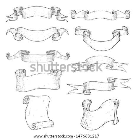 Paper scrolls and ribbon banners. Hand drawn sketch. Vector illustration isolated on white background