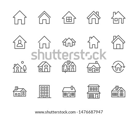 Houses flat line icons set. Home page button, residential building, country cottage, apartment vector illustrations. Outline simple signs for real estate. Pixel perfect. Editable Strokes. Royalty-Free Stock Photo #1476687947