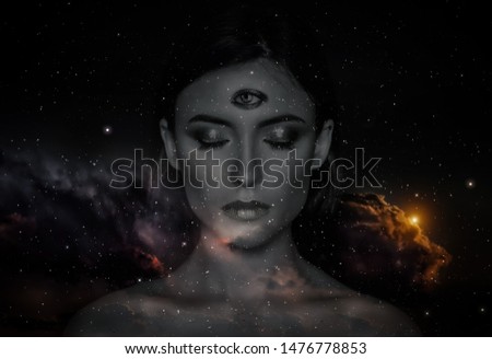 Woman with third eye on head - supernatural sense concept. Royalty-Free Stock Photo #1476778853