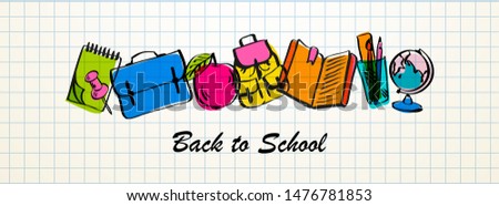 Back to School horizontal banner with line art symbols of education, science objects on checkered background. Vector hand drawn doodle illustration