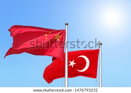 china and turkey national flag waving against sunny blue sky side view of natural color of people republic of china and turkish state symbols isolated for design mockup copy space template