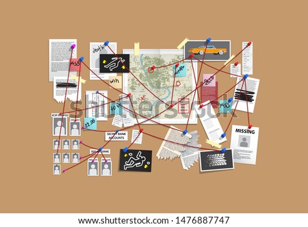 Detective Board with pins and evidence, crime investigation Royalty-Free Stock Photo #1476887747