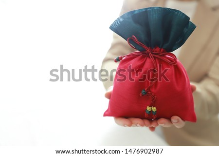 Woman holding Korean traditional lucky bag Royalty-Free Stock Photo #1476902987