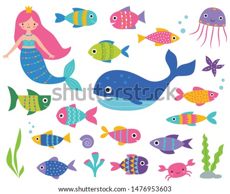 Isolated vector set – a mermaid, a whale, fishes and underwater elements