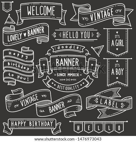 Set of vintage banner and ribbon related objects and elements. Hand drawn vector doodle illustration collection in Blackboard chalk style.