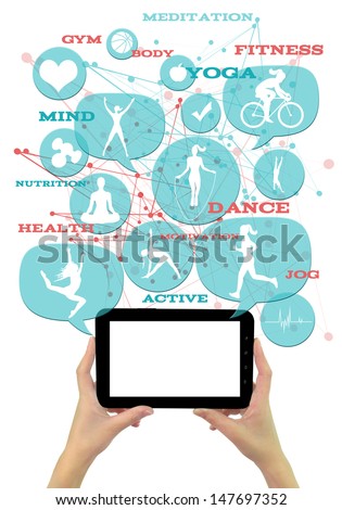 Promotional gym/fitness/athletic business template./ Hands holding tablet with white clean display. Light blue transparent beveled bubbles/buttons, with fitness icons floating above it.