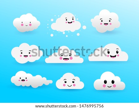 Set of kawaii cartoon white cloud cute. Vector illustration. Isolated on blue background.