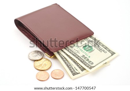 Money in leather wallet on white background 
