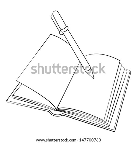 Black outline vector book on white background.