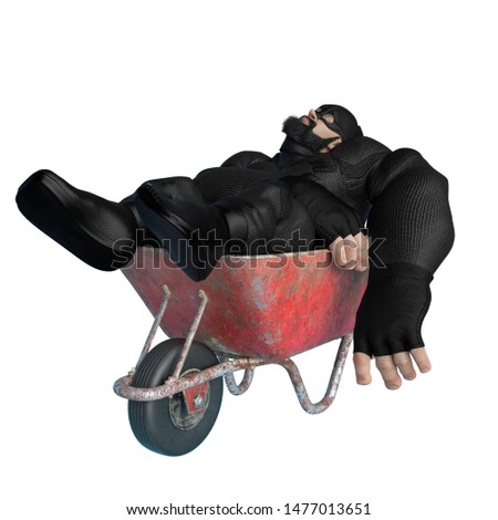 super hero cartoon with beard on suit is sleeping in wheelbarrow. This hiper guy in clipping path is very useful for graphic design creations, 3d illustration