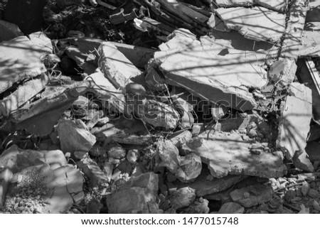 Black and white photo, concrete demolition