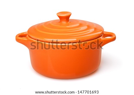 Orange casserole dish or crock pot, isolated on white. Royalty-Free Stock Photo #147701693
