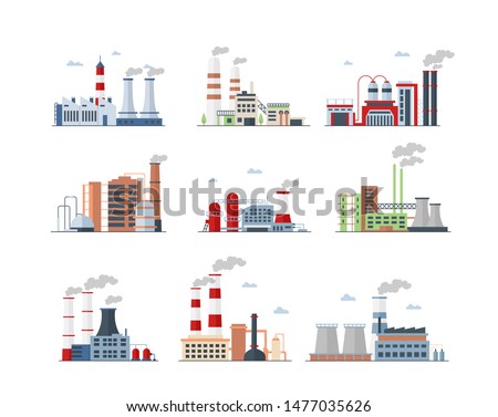 Industrial complex, Factory buildings color icons set Royalty-Free Stock Photo #1477035626