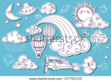 Doodle Elements: Sky, with sun, moon, stars, rainbow and clouds, and including flying saucer, biplane and hot air balloons