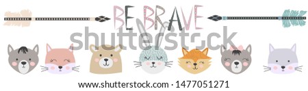 Banner Free, Wild, Brave with animals Cat, wolf, bear, fox, rabbit and feathers, arrows in the Scandinavian style. Children's set