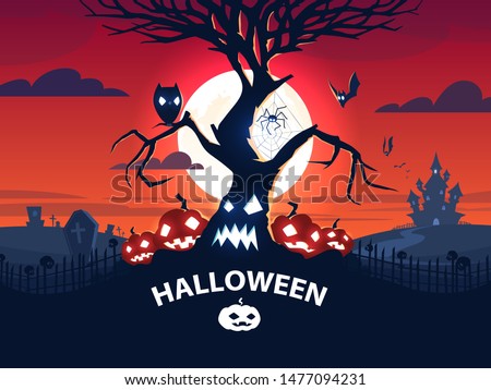 Halloween banner. A family of pumpkins, a tree, an owl, bats, a spider on the web, a cemetery and Draculas castle against the background of the moon. Vector EPS 10