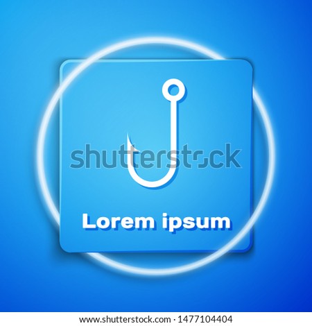 White Fishing hook icon isolated on blue background. Blue square button. Vector Illustration