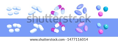 Set of various pills. Capsules, tablets and other drugs. Isometric vector icons. Isolated on white and violet background. Design element for medical illustrations, infographics, apps etc.