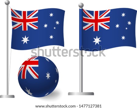 Australia flag on pole and ball. Metal flagpole. National flag of Australia vector illustration