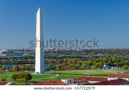 Washington DC - Washington Monument aerial view in beautiful autumn colors Royalty-Free Stock Photo #147722879