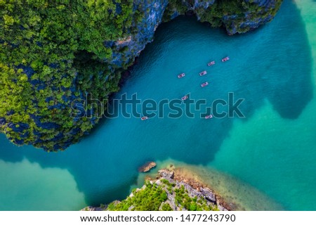Aerial view of tourists on the boat in Vung Vieng floating fishing village and rock island, Halong Bay, Vietnam, Southeast Asia. UNESCO World Heritage Site. Junk boat cruise to Ha Long Bay.