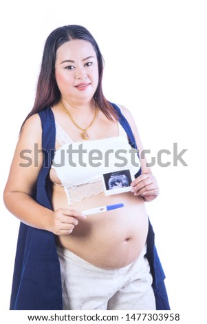 Pregnant woman and Pregnancy check sheet isolated on white background