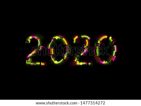 Abstract colorful glowing neon 2020 New Year background. Laser glitch effect Christmas graphic design. Vector illustration
