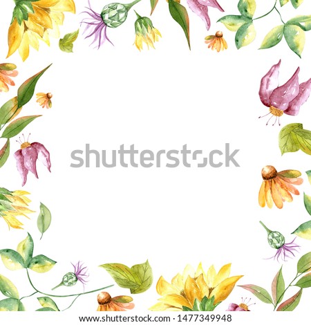 Watercolor hand drawing frame. Autumn elements, flowers, leaves. For backgrounds, or branding stationary.