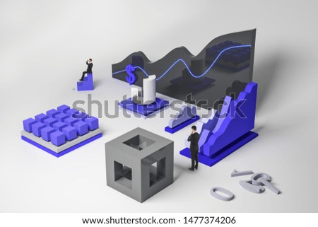 Finance and trading concept with businessman looking into the distance and pensive trader among dollar signs, clouds, graphs and cubes.