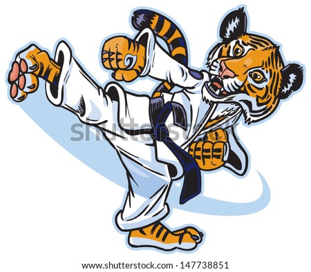 Vector cartoon illustration of a cute young tiger cub martial artist executing a spinning back kick.