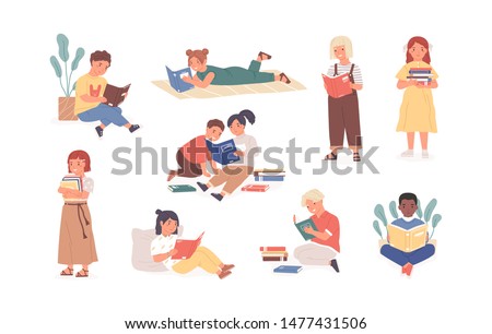 Bundle of reading children or studying kids. Collection of boys and girls with books, readers, young literature fans isolated on white background. Modern flat cartoon colorful vector illustration.