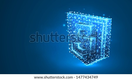 Java Script coding language, js sign. Device, programming, developing concept. Abstract, digital, wireframe, low poly mesh, vector blue neon 3d illustration Triangle, line dot
