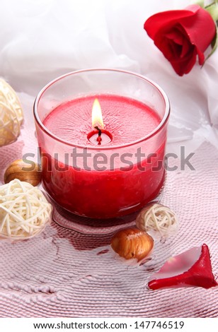 Beautiful red candle with flower petals in water