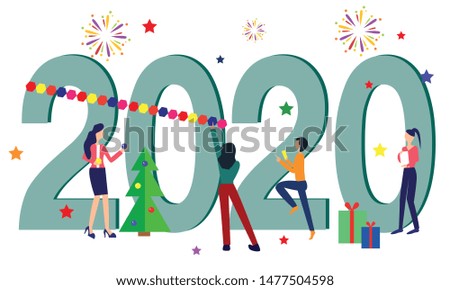 People are preparing for the new year, are engaged in decoration and decoration. the inscription New Year 2020, vector illustration.