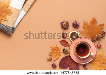 Autumn Flat lay composition. Cup of tea, checkered plaid, autumn dry leaves, roses flowers, orange circle cones decorative pomegranate cinnamon sticks on brown beige background top view. Fall concept