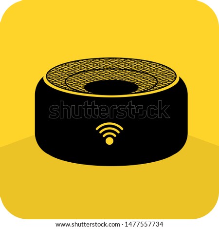 Wireless speaker. Boombox. Rechargeable sub woofer. Flat 3D shadow design. yellow background black vector. product brand service label banner board display. App icon.