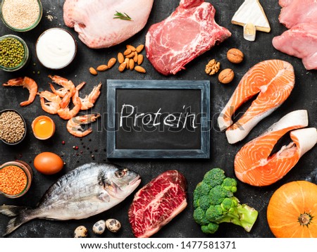 Various protein sources concept. Animal and plants ingredients selection and chalckboard with Protein word over dark background. Top view or flat lay. Royalty-Free Stock Photo #1477581371