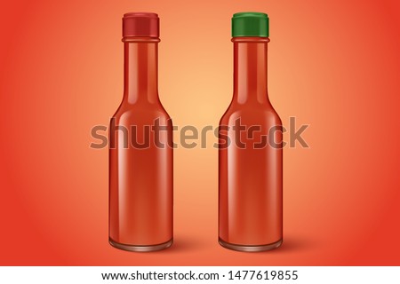 Red chili pepper bottle sauce on solid color background, Vector realistic in 3D illustration. Royalty-Free Stock Photo #1477619855