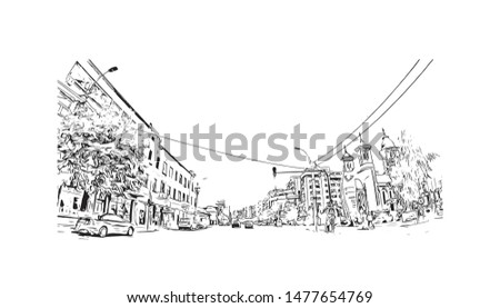 Building view with landmark of Cluj-Napoca, a city in northwestern Romania, is the unofficial capital of the Transylvania region. Hand drawn sketch illustration in vector.