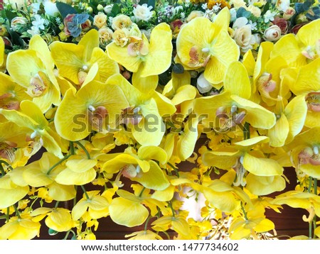 Background of bright colorful artificial flowers. Close up.